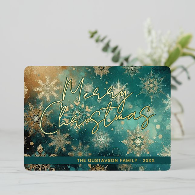 Chic Abstract Teal Blue Snowflake Floral Art Gold Foil Holiday Card (Standing Front)