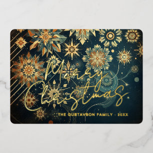 Chic Abstract Teal Blue Snowflake Floral Art Gold Foil Holiday Card