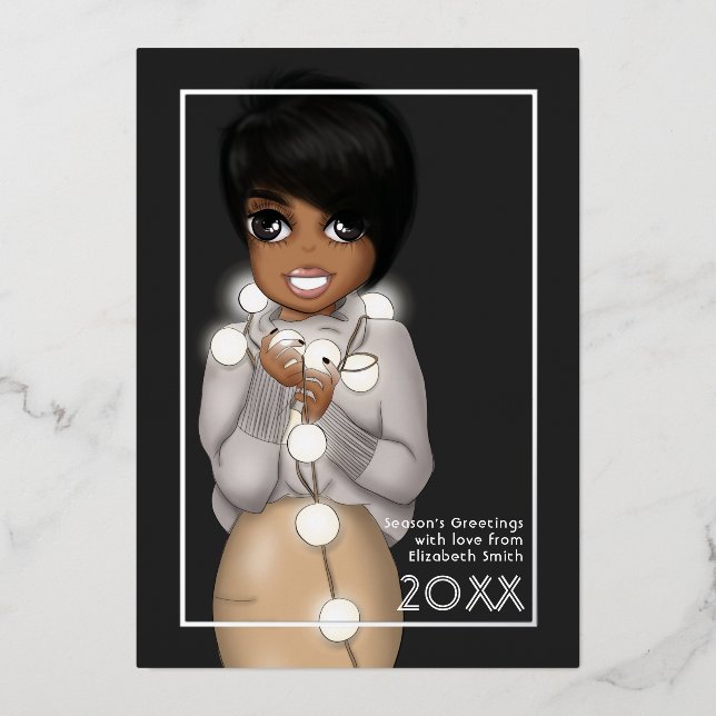 Chic African American Woman Christmas Foil Holiday Card (Front)