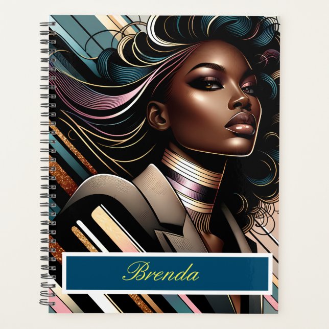 Chic African American Woman Personalised Planner (Front)