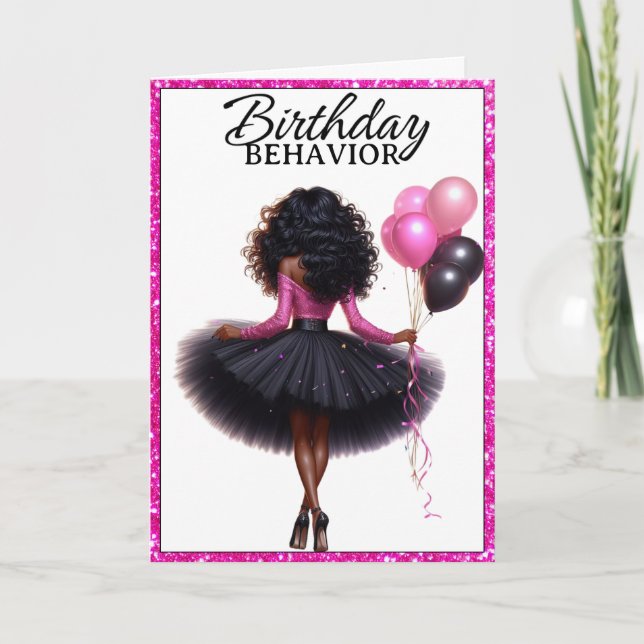 Chic African American Woman Pink/Black Birthday Card (Front)