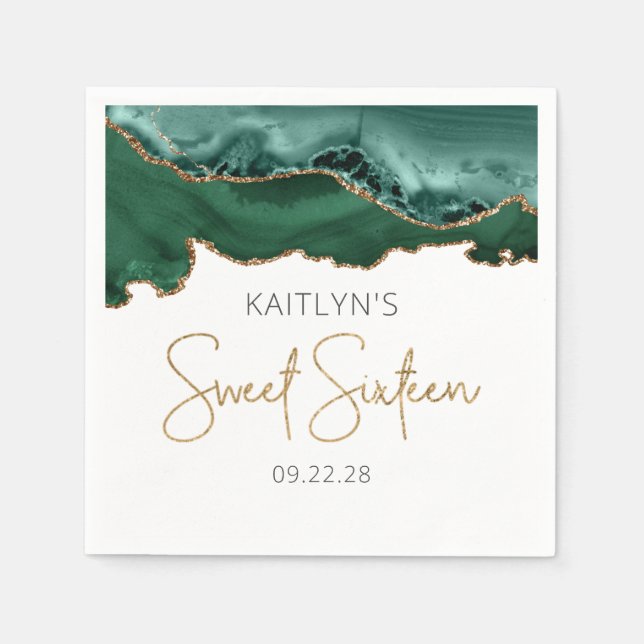 Chic Agate Emerald Green Gold Sweet 16 Birthday Napkin (Front)