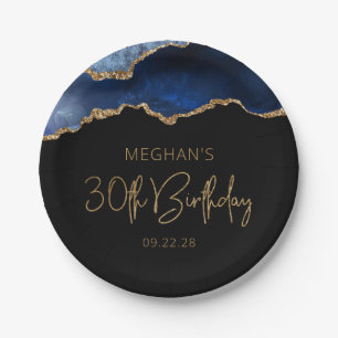 Chic Agate Geode Blue Gold 30th Birthday Party Paper Plate