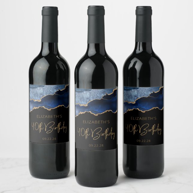 Chic Agate Geode Blue Gold 40th Birthday Party Wine Label (Bottles)