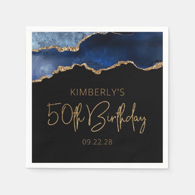 Chic Agate Geode Blue Gold 50th Birthday Party Napkin (Front)