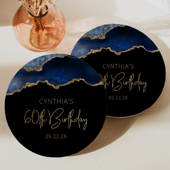 Chic Agate Geode Blue Gold 60th Birthday Party Paper Plate (Creator Uploaded)