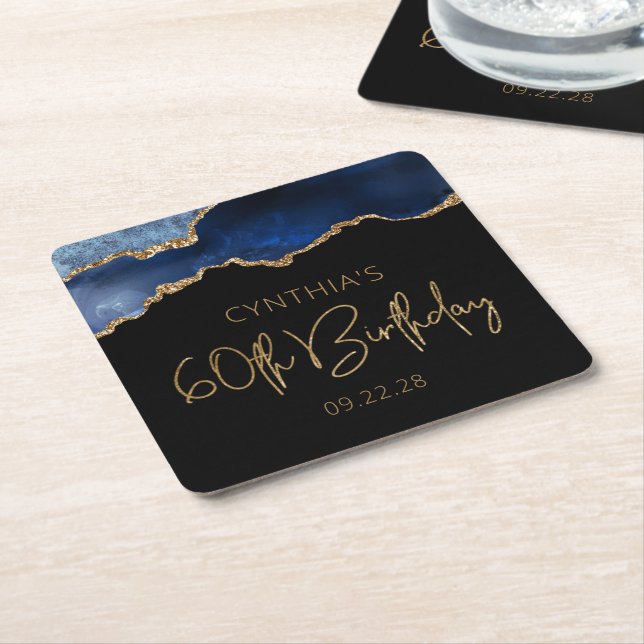 Chic Agate Geode Blue Gold 60th Birthday Party Square Paper Coaster (Angled)