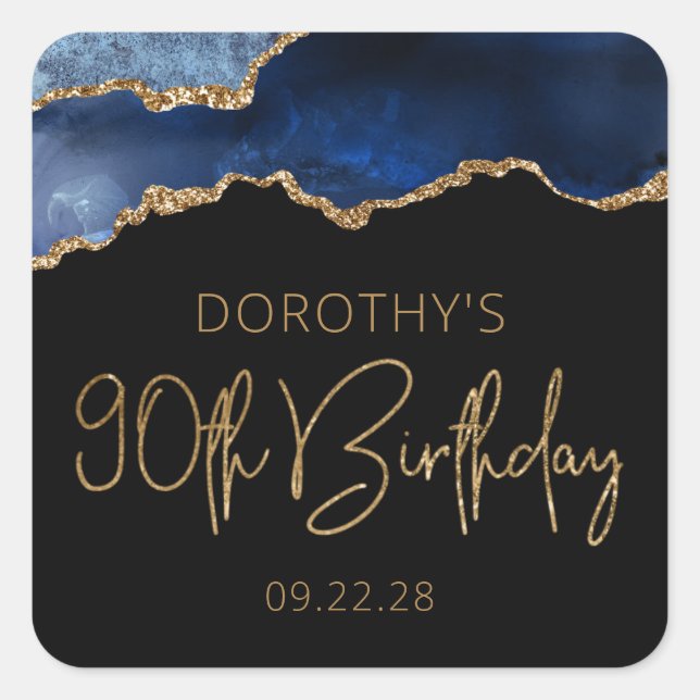 Chic Agate Geode Blue Gold 90th Birthday Party Square Sticker (Front)