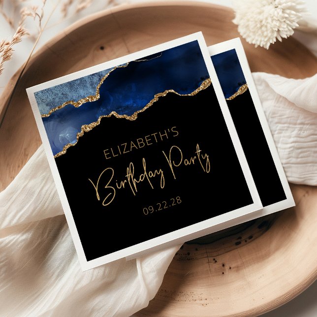 Chic Agate Geode Blue Gold Birthday Party Napkin (Creator Uploaded)
