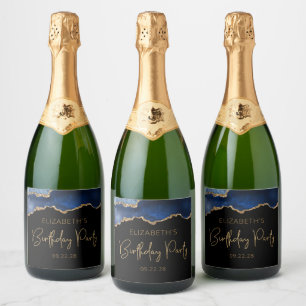Chic Agate Geode Blue Gold Birthday Party Sparkling Wine Label