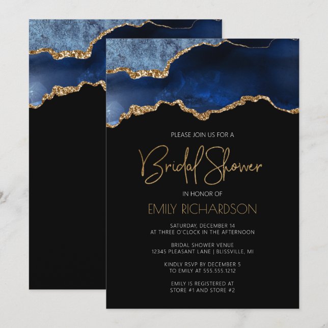Chic Agate Geode Blue Gold Bridal Shower Invitation (Front/Back)