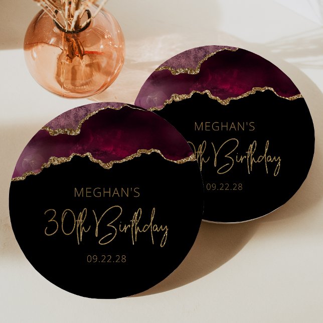 Chic Agate Geode Burgundy Gold 30th Birthday Party Paper Plate (Creator Uploaded)