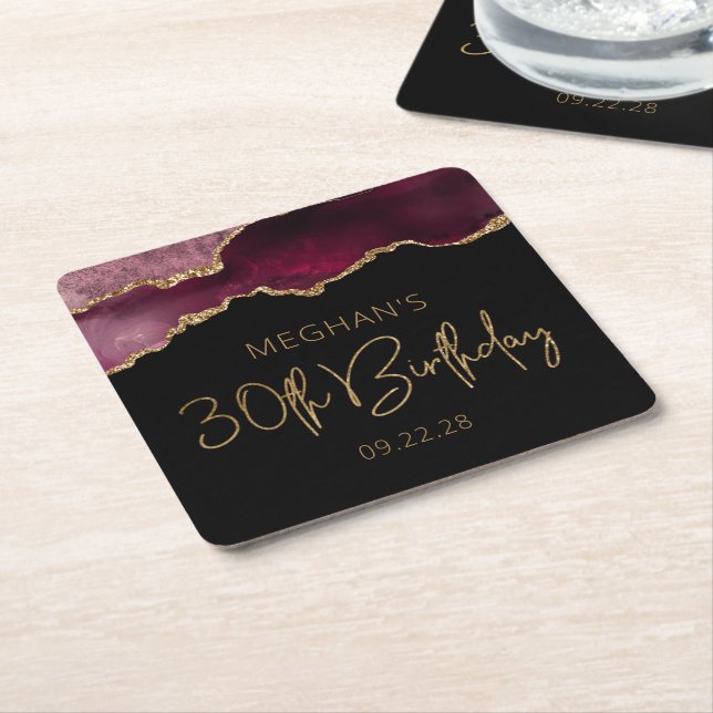 Chic Agate Geode Burgundy Gold 30th Birthday Party Square Paper Coaster (Angled)