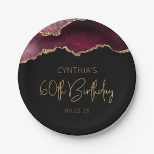 Chic Agate Geode Burgundy Gold 60th Birthday Party Paper Plate