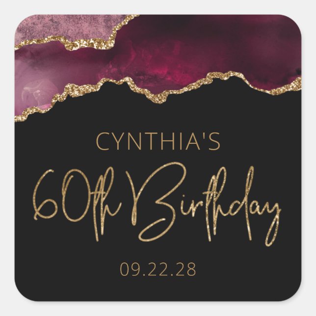 Chic Agate Geode Burgundy Gold 60th Birthday Party Square Sticker (Front)