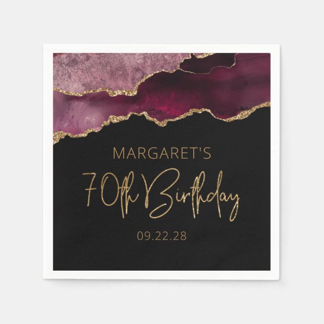 Chic Agate Geode Burgundy Gold 70th Birthday Napkin (Front)
