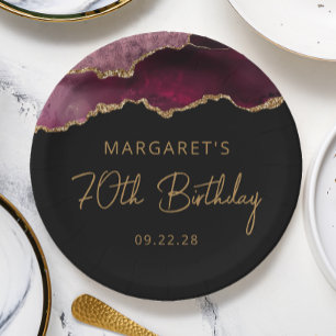 Chic Agate Geode Burgundy Gold 70th Birthday Party Paper Plate