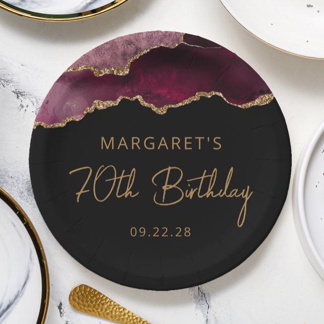 Chic Agate Geode Burgundy Gold 70th Birthday Party Paper Plate (Creator Uploaded)
