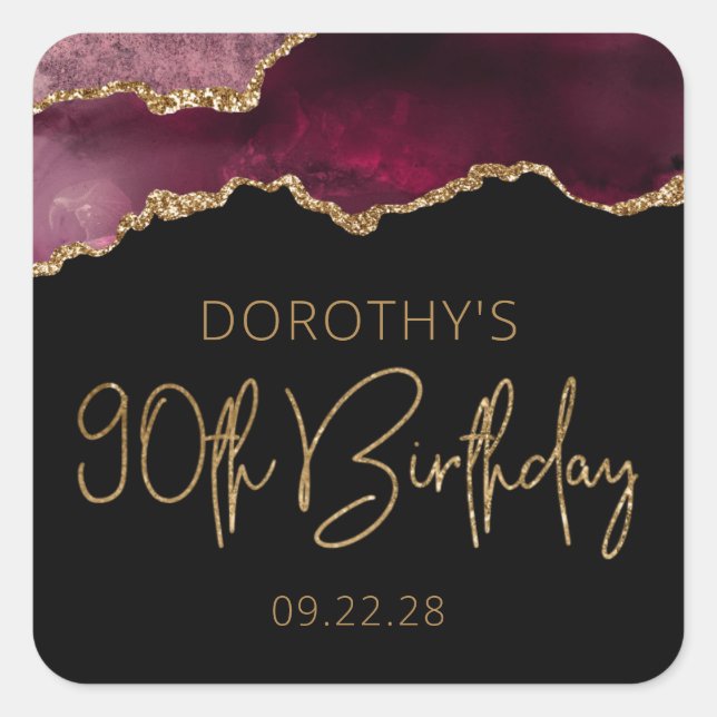 Chic Agate Geode Burgundy Gold 90th Birthday Party Square Sticker (Front)