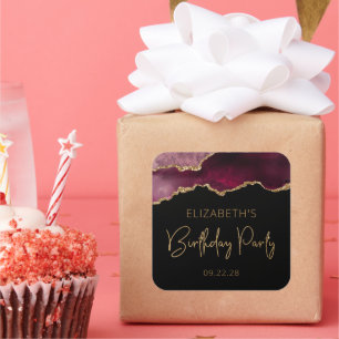 Chic Agate Geode Burgundy Gold Birthday Party Square Sticker