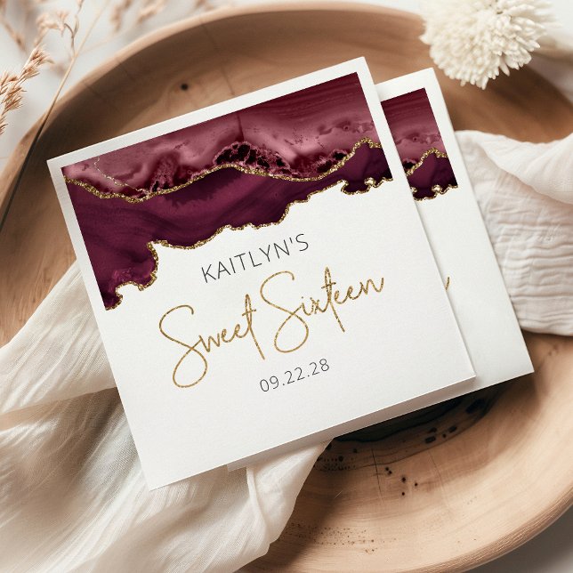 Chic Agate Geode Burgundy Gold Sweet 16 Birthday Napkin (Creator Uploaded)
