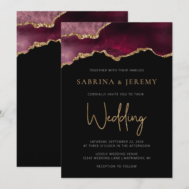 Chic Agate Geode Burgundy Gold Wedding Invitation (Front/Back)