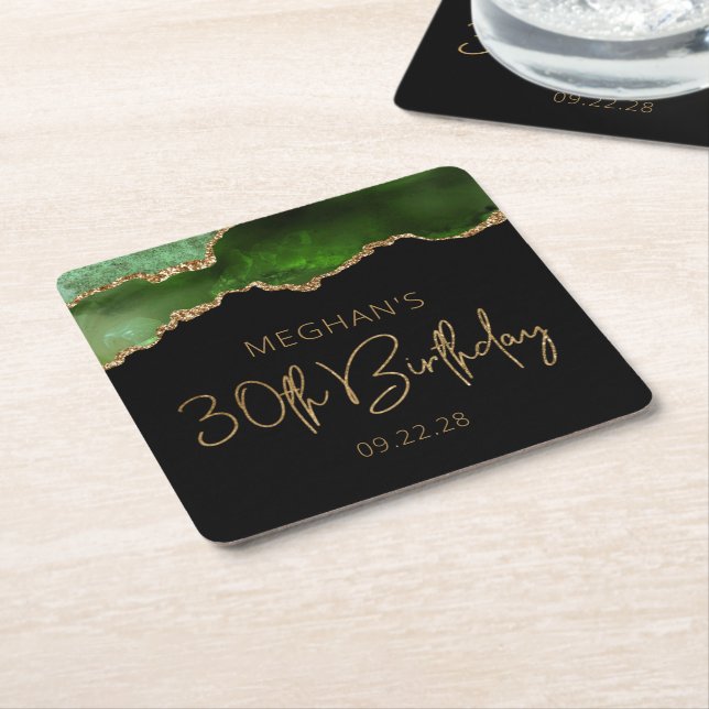 Chic Agate Geode Green Gold 30th Birthday Party Square Paper Coaster (Angled)