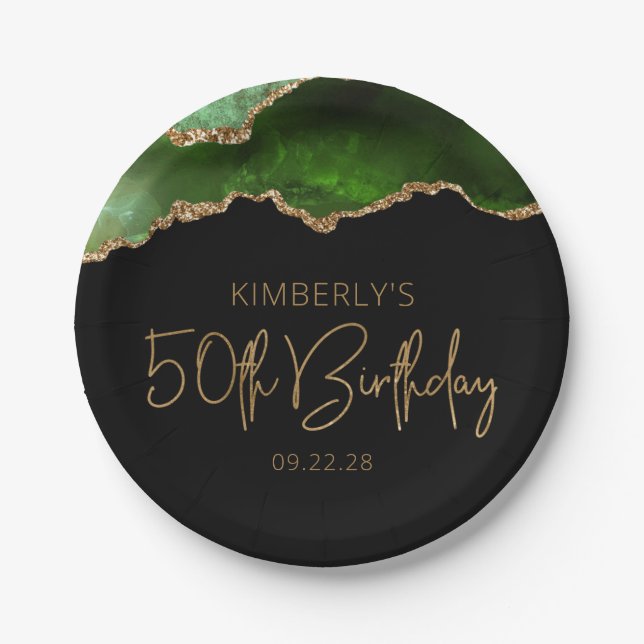 Chic Agate Geode Green Gold 50th Birthday Party Paper Plate (Front)