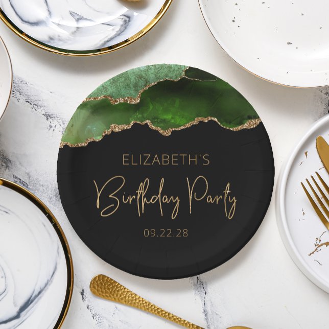 Chic Agate Geode Hunter Green Gold Birthday Party Paper Plate (Creator Uploaded)