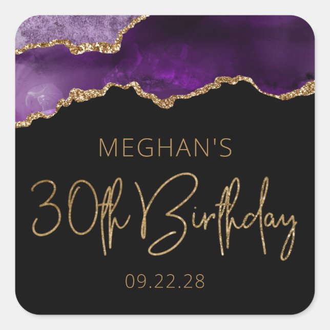 Chic Agate Geode Purple Gold 30th Birthday Party Square Sticker (Front)