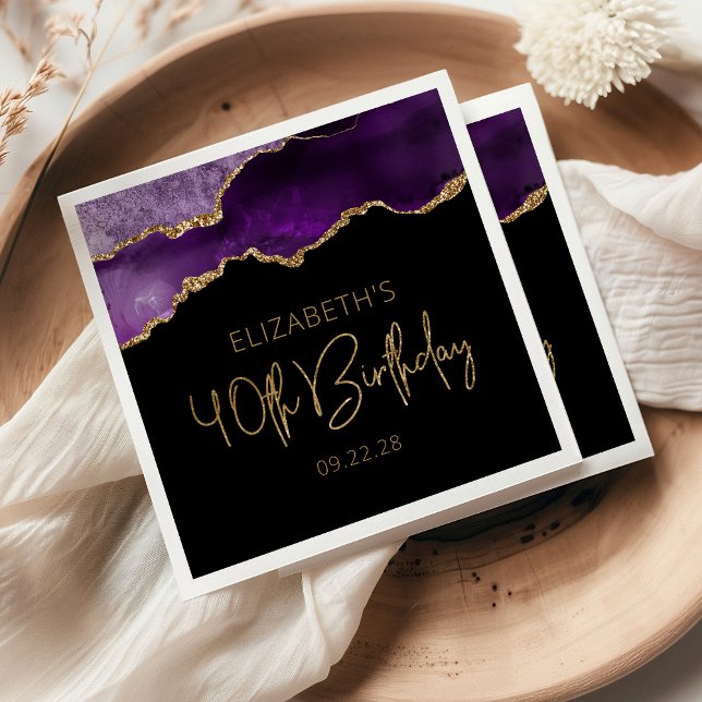 Chic Agate Geode Purple Gold 40th Birthday Party Napkin (Creator Uploaded)