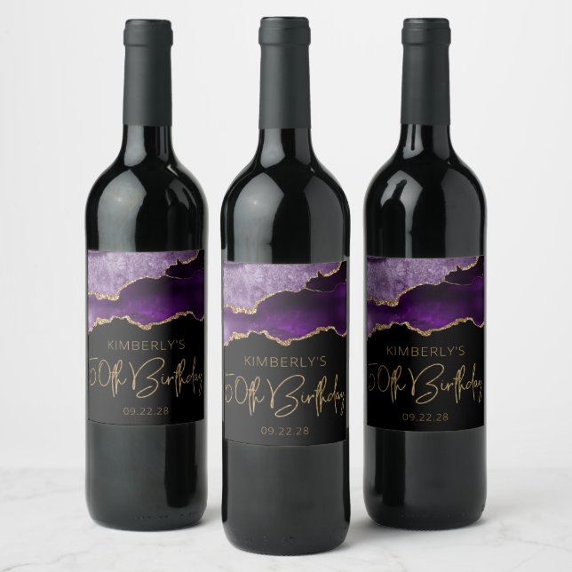 Chic Agate Geode Purple Gold 50th Birthday Party Wine Label (Bottles)