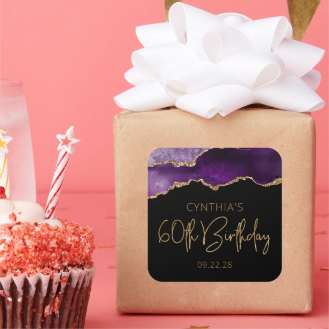 Chic Agate Geode Purple Gold 60th Birthday Party Square Sticker (Party)
