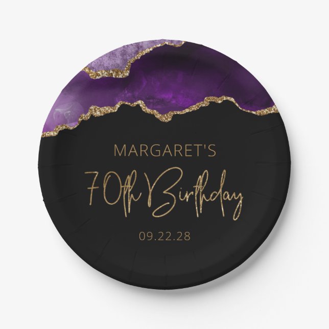 Chic Agate Geode Purple Gold 70th Birthday Party Paper Plate (Front)