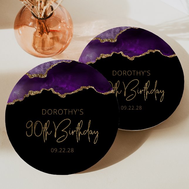 Chic Agate Geode Purple Gold 90th Birthday Party Paper Plate (Creator Uploaded)