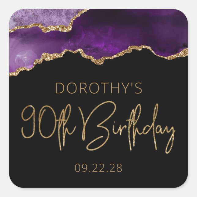 Chic Agate Geode Purple Gold 90th Birthday Party Square Sticker (Front)