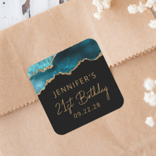 Chic Agate Geode Teal Gold 21st Birthday Party Square Sticker