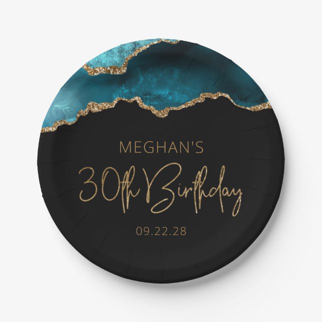 Chic Agate Geode Teal Gold 30th Birthday Party Paper Plate (Front)