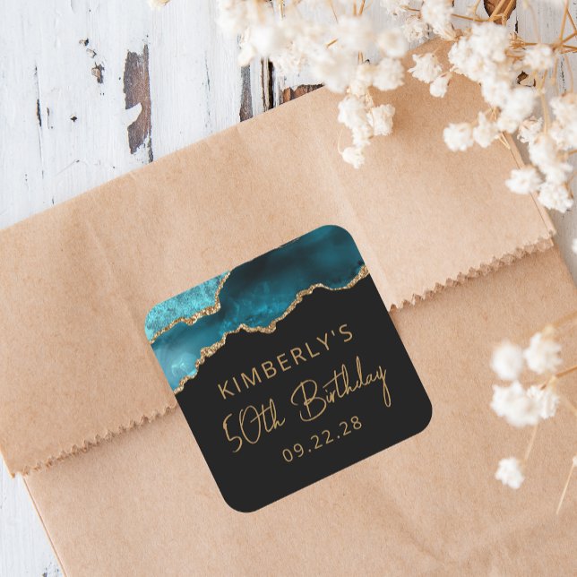 Chic Agate Geode Teal Gold 50th Birthday Party Square Sticker (Creator Uploaded)