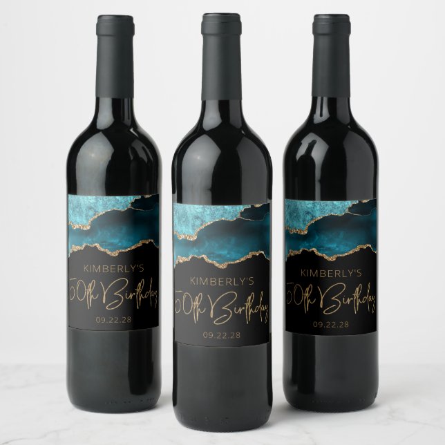 Chic Agate Geode Teal Gold 50th Birthday Party Wine Label (Bottles)