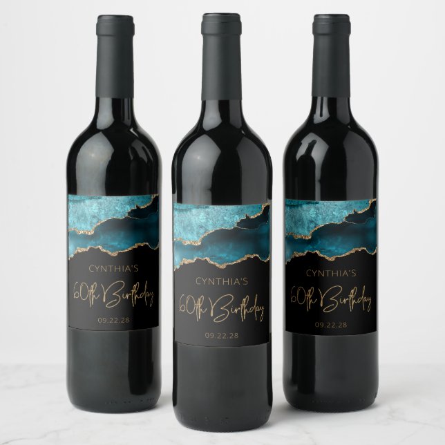 Chic Agate Geode Teal Gold 60th Birthday Party Wine Label (Bottles)