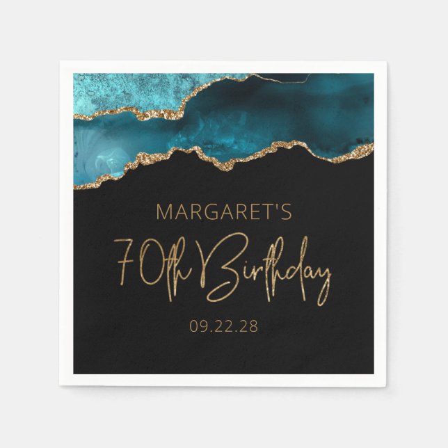 Chic Agate Geode Teal Gold 70th Birthday Napkin (Front)