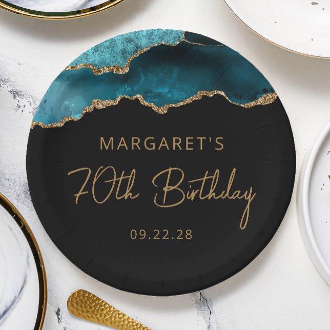 Chic Agate Geode Teal Gold 70th Birthday Party Paper Plate (Creator Uploaded)