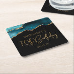 Chic Agate Geode Teal Gold 70th Birthday Party Square Paper Coaster<br><div class="desc">These chic, glamourous 70th birthday party paper coasters feature a watercolor image of an agate geode in shades of teal blue with faux gold glitter highlights. The words "70th Birthday" appear in faux gold glitter in a decorative modern handwriting font. Customise them with the name of the honoree and the...</div>