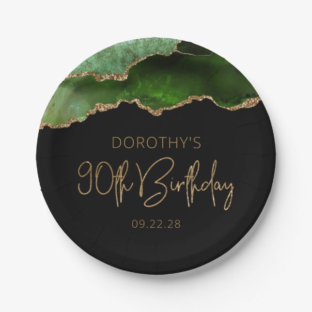 Chic Agate Hunter Green Gold 90th Birthday Party Paper Plate (Front)