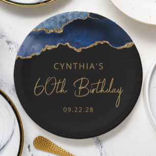 Chic Agate Navy Blue Gold 60th Birthday Party Paper Plate