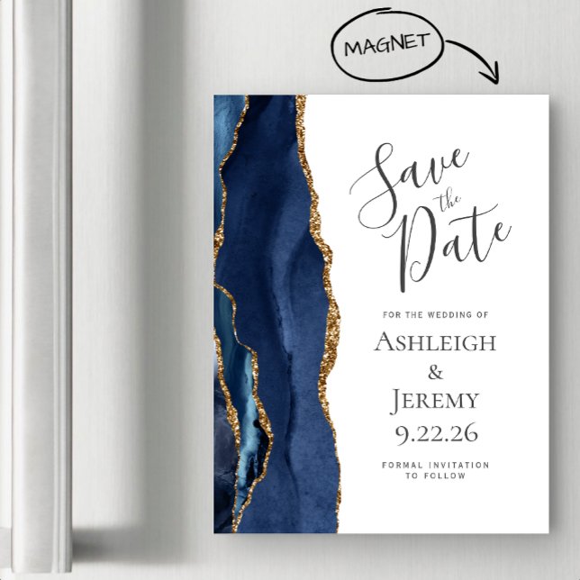 Chic Agate Navy Blue Gold Magnetic Save the Date (Creator Uploaded)