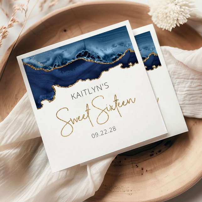 Chic Agate Navy Blue Gold Sweet 16 Birthday Napkin (Creator Uploaded)