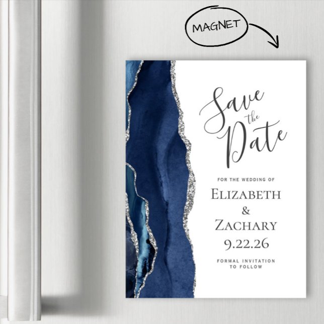 Chic Agate Navy Blue Silver Magnetic Save the Date (Creator Uploaded)