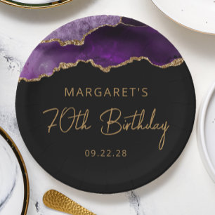 Chic Agate Purple Gold 70th Birthday Party Paper Plate
